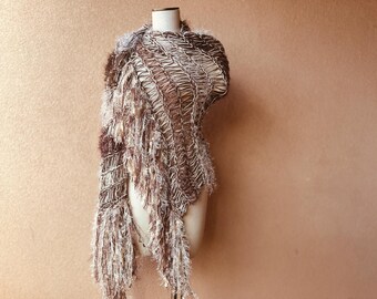 Recycled Cotton Knit Shawl: Brown Cream Fringe Scarf, Poncho Wrap