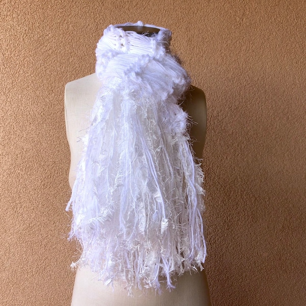 Feathery Fringe Swan White Hand Knit Scarf All White Scarf, Only White Scarf, Pure White Scarf for Women