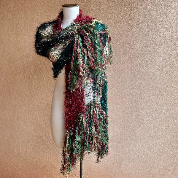 Stevie Nicks Christmas Shawl by Designer Celeste Meyeres in Fancy Gold, Black, Forest Green, Burgundy Dark Red