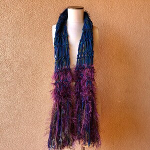 Peacock Scarf Blue Purple Green Teal Dark Violet Scarf, Long Scarf Hand Knit with Plum, Royal Purple and Maroon with Fringe image 4