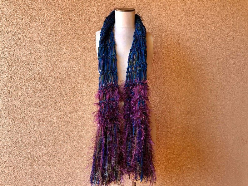 Peacock Scarf Blue Purple Green Teal Dark Violet Scarf, Long Scarf Hand Knit with Plum, Royal Purple and Maroon with Fringe image 4
