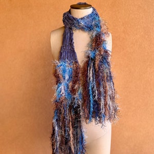 Scarf Knit Ribbon Scarf with Blue, Brown, White. Sparkle in Fringe Scarf. Long. Gift for Aquarius Gift for Pisces Gift image 2