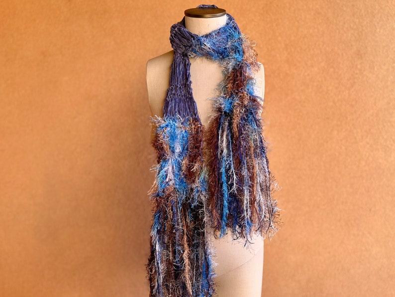 Scarf Knit Ribbon Scarf with Blue, Brown, White. Sparkle in Fringe Scarf. Long. Gift for Aquarius Gift for Pisces Gift image 2