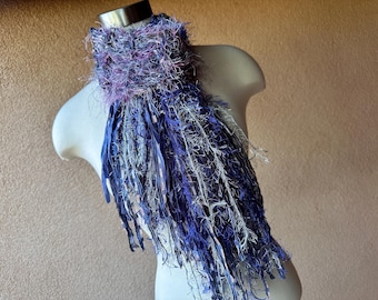 Hand Knit Blue Fringe Scarf, with Pink and Grey Accents, One of a Kind Ribbons