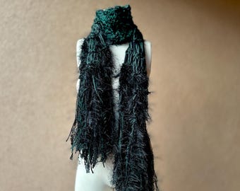Forest Green and Black Scarf, Warm Winter Hand Knit with Long Fringe