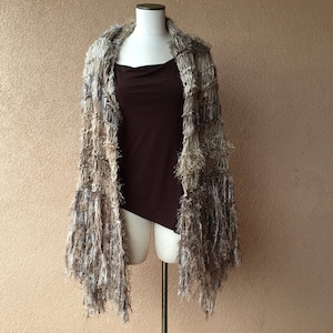 The Chosen Shawl on Mary Knit by Crickets Celeste Meyeres Taupe Brown Long Fringe Wrap Black Beige Shawl image 6