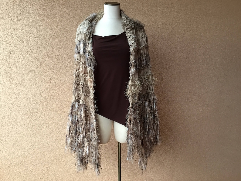 The Chosen Shawl on Mary Knit by Crickets Celeste Meyeres Taupe Brown Long Fringe Wrap Black Beige Shawl image 6