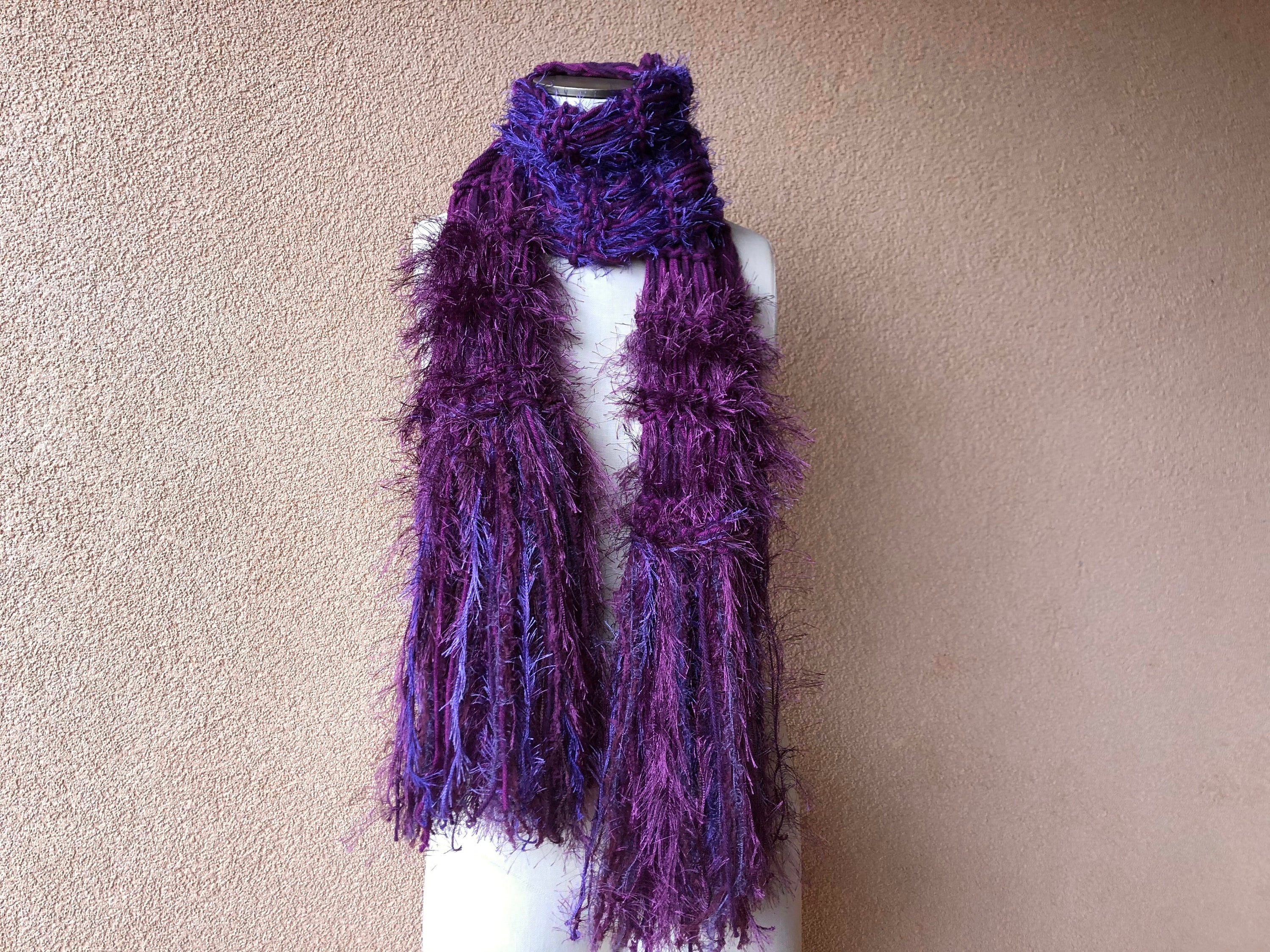 Purple Scarf with Deep Berry Purple Scarf Accessories Knit Purple Scarf with Dark Purple Fringe