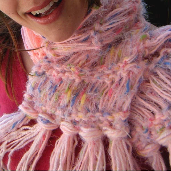 RESERVED Baby Pink, Handknit Scarf - Daddy, Sugar Me Up Pastel - Accents of Green, Blue, Yellow - Candy, Candy, Candy