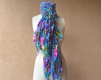 Mermaid Scarf. Purple, Blue and Green Large Scarf with Teal. Fringe Scarf