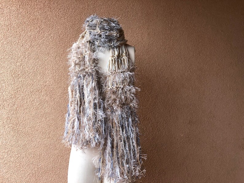 Earth Tones Scarf Chunky Knit Winter in Grey Ivory Taupe Beige Brown Tan by Stevie Nicks Designer Crickets Creations. Hand Knit with Fringe image 1