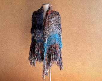 Chocolate Brown and Teal Scarf with Rust, Hand Knit Shawl with Fringe Crickets Creations Scarf