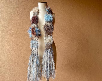 Mom Gift Blue and Brown Scarf with Cream.  Sparkle Threads, Shiny Brown and Blue Scarf with Black and White Accents