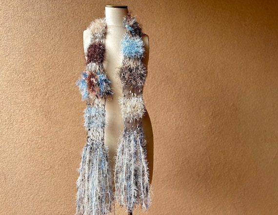 Mom Gift Blue and Brown Scarf with Cream.  Sparkle Threads, Shiny Brown and Blue Scarf with Black and White Accents