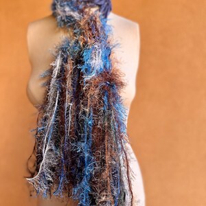 Scarf Knit Ribbon Scarf with Blue, Brown, White. Sparkle in Fringe Scarf. Long. Gift for Aquarius Gift for Pisces Gift image 6