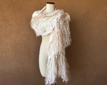 Cream Ivory Scarf with Beige Taupe Tan. Feathery Fringe, Hand Knit Sweater Style Maxi Scarf