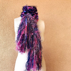 Art Yarn Scarf Ribbon Scarf with Fringe Scarf in Magenta Pink, Navy Blue, Grey