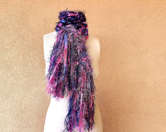 Art Yarn Scarf Ribbon Scarf with Fringe Scarf in Magenta Pink, Navy Blue, Grey