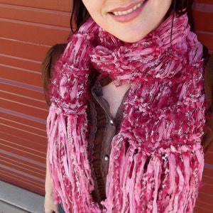 Pink Ribbon Scarf, Pretty Pink and Burgundy Soft Scarf with Long Fringe image 1
