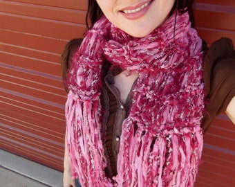 Pink Ribbon Scarf, Pretty Pink and Burgundy Soft Scarf with Long Fringe