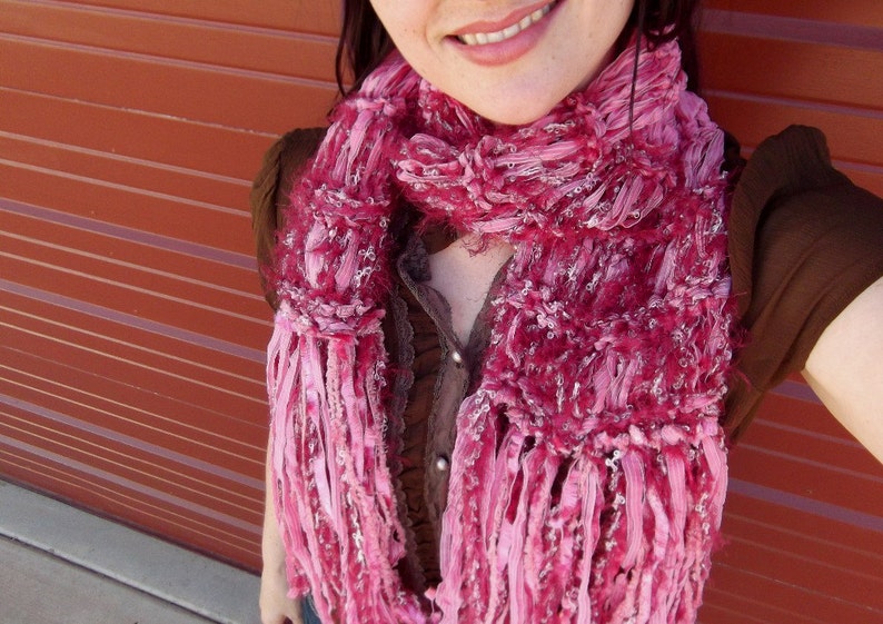 Pink Ribbon Scarf, Pretty Pink and Burgundy Soft Scarf with Long Fringe image 1