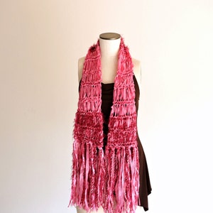 Pink Ribbon Scarf, Pretty Pink and Burgundy Soft Scarf with Long Fringe image 5