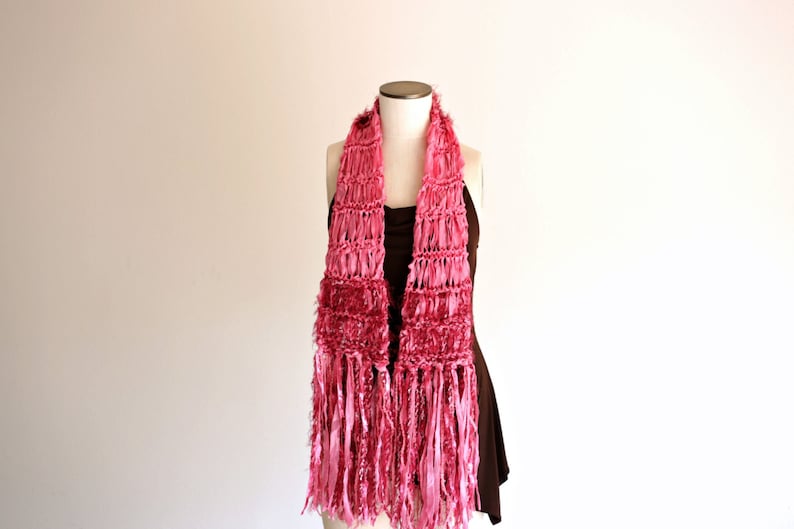 Pink Ribbon Scarf, Pretty Pink and Burgundy Soft Scarf with Long Fringe image 5