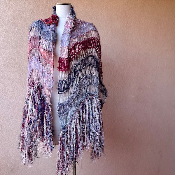 Cotton Shawl for Woman Gift. Hand Knit in Burgundy, Pink and Navy Blue, Red, Grey, Rose Pink, Silver Sparkle Threads