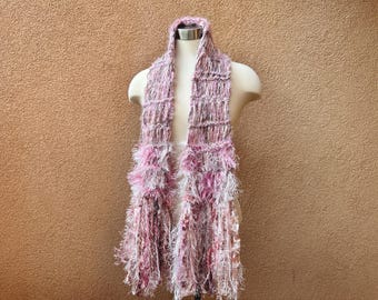 Hand Knit Boho Fringe Scarf: Rose Pink and White w Soft Brown, Ribbon, Vegan Yarns