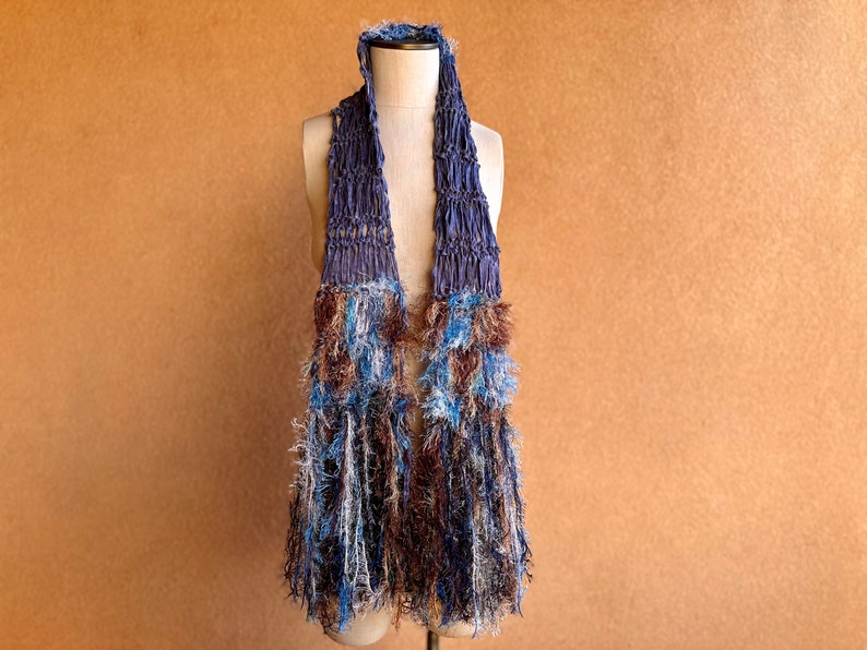 Scarf Knit Ribbon Scarf with Blue, Brown, White. Sparkle in Fringe Scarf. Long. Gift for Aquarius Gift for Pisces Gift image 3