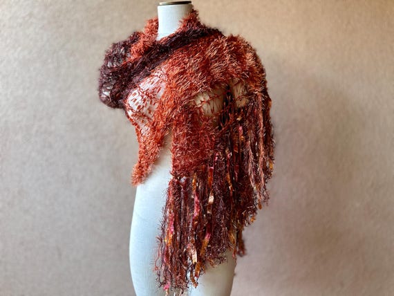 Knit Shawl with Fringe: Burnt Orange, Brown, Copper Sparkle