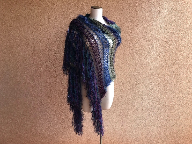 Navy Blue and Forest Green Wrap with Fringe Extra Long Scarf Hand Knit Accessories Dark Shawl Purple