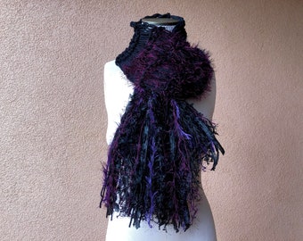 Black and Purple Scarf, Long Hand Knit Scarf for Women’s Gift