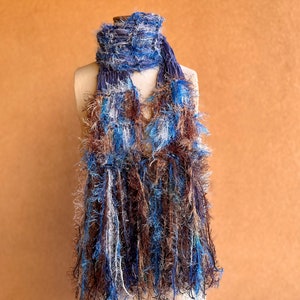 Scarf Knit Ribbon Scarf with Blue, Brown, White. Sparkle in Fringe Scarf. Long. Gift for Aquarius Gift for Pisces Gift image 4