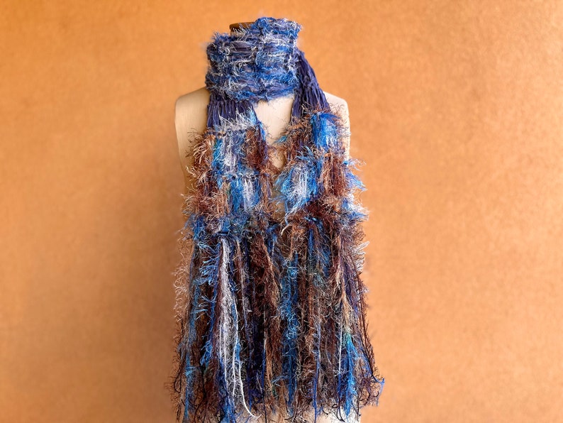 Scarf Knit Ribbon Scarf with Blue, Brown, White. Sparkle in Fringe Scarf. Long. Gift for Aquarius Gift for Pisces Gift image 4