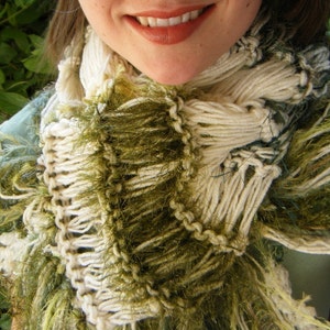 Moss Green Scarf with Irish Cream, Natural Colored Hand Knit with Fringe. Thick, Warm, Cream and Green Striped Scarf St Patricks Day Fashion image 1