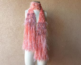 Coral Scarf, Skinny Boho Deep Peach Scarf Taupe and Coral Scarf Coral and Cream Coral Pink Scarf Fringe Women Accessories