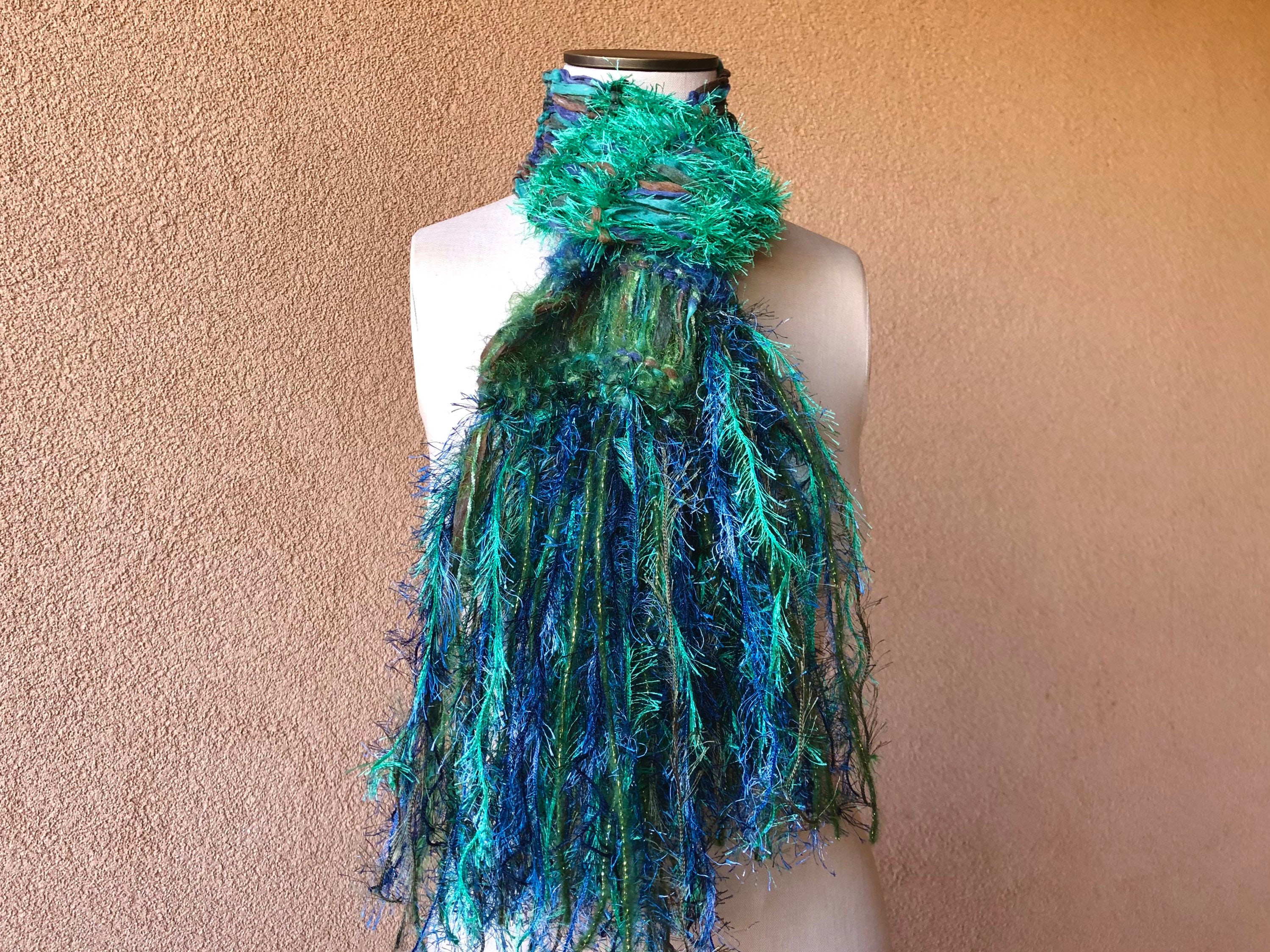 Aquatic Scarf Knit Ribbon Scarf With Blue Green Teal Sparkle Etsy