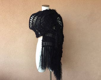 Knit Black Shoulder Wrap to Wear Black Wrap Clothing Shawl for Women with Fringe Scarf, Sparkles, some Same Yarns as Stevie Nicks Shawl Cape