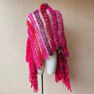 Long Hot Pink and Red Scarf Gift for Women Red Shawl with Fringe Hand Knit Women Accessories