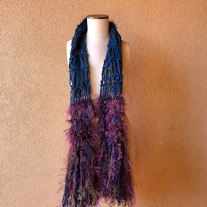 Peacock Scarf Blue Purple Green Teal Dark Violet Scarf, Long Scarf Hand Knit with Plum, Royal Purple and Maroon with Fringe image 5