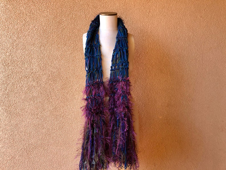 Peacock Scarf Blue Purple Green Teal Dark Violet Scarf, Long Scarf Hand Knit with Plum, Royal Purple and Maroon with Fringe image 5