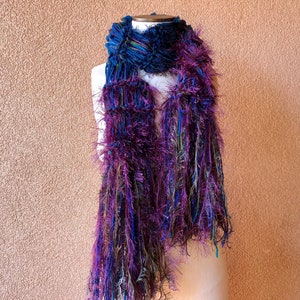 Peacock Scarf Blue Purple Green Teal Dark Violet Scarf, Long Scarf Hand Knit with Plum, Royal Purple and Maroon with Fringe image 1