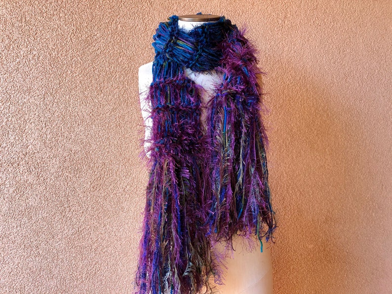 Peacock Scarf Blue Purple Green Teal Dark Violet Scarf, Long Scarf Hand Knit with Plum, Royal Purple and Maroon with Fringe image 1