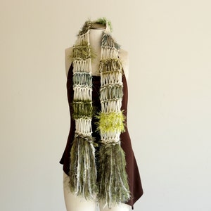 Moss Green Scarf with Irish Cream, Natural Colored Hand Knit with Fringe. Thick, Warm, Cream and Green Striped Scarf St Patricks Day Fashion image 2
