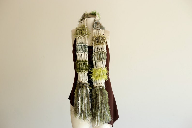 Moss Green Scarf with Irish Cream, Natural Colored Hand Knit with Fringe. Thick, Warm, Cream and Green Striped Scarf St Patricks Day Fashion image 2