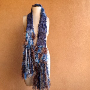 Scarf Knit Ribbon Scarf with Blue, Brown, White. Sparkle in Fringe Scarf. Long. Gift for Aquarius Gift for Pisces Gift image 1