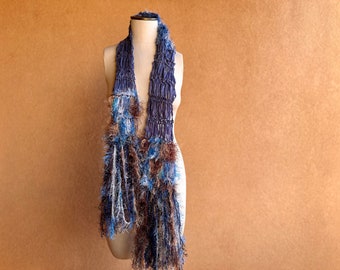 Scarf Knit Ribbon Scarf with Blue, Brown, White. Sparkle in Fringe Scarf. Long. Gift for Aquarius Gift for Pisces Gift