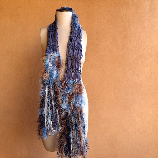 Scarf Knit Ribbon Scarf with Blue, Brown, White. Sparkle in Fringe Scarf. Long. Gift for Aquarius Gift for Pisces Gift