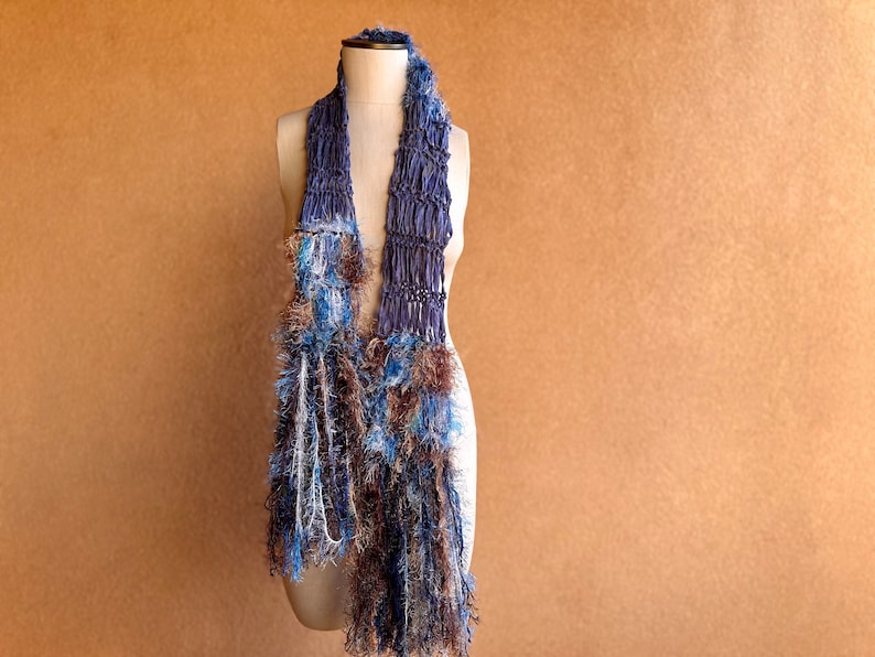 Scarf Knit Ribbon Scarf with Blue, Brown, White. Sparkle in Fringe Scarf. Long. Gift for Aquarius Gift for Pisces Gift image 1